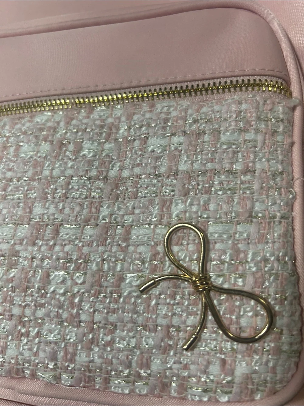 Pink Coquette-Style Backpack with Tweed Patteren and Gold Bow Accents